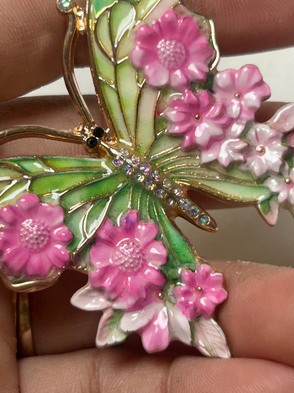 Floral Pink & Green Butterfly Brooch - Brand Not Visible